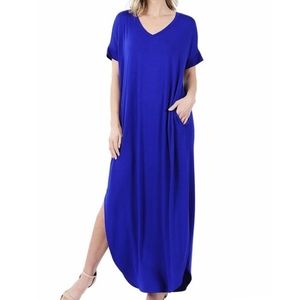 Royal Blue V Neck Maxi Shortsleeve Dress